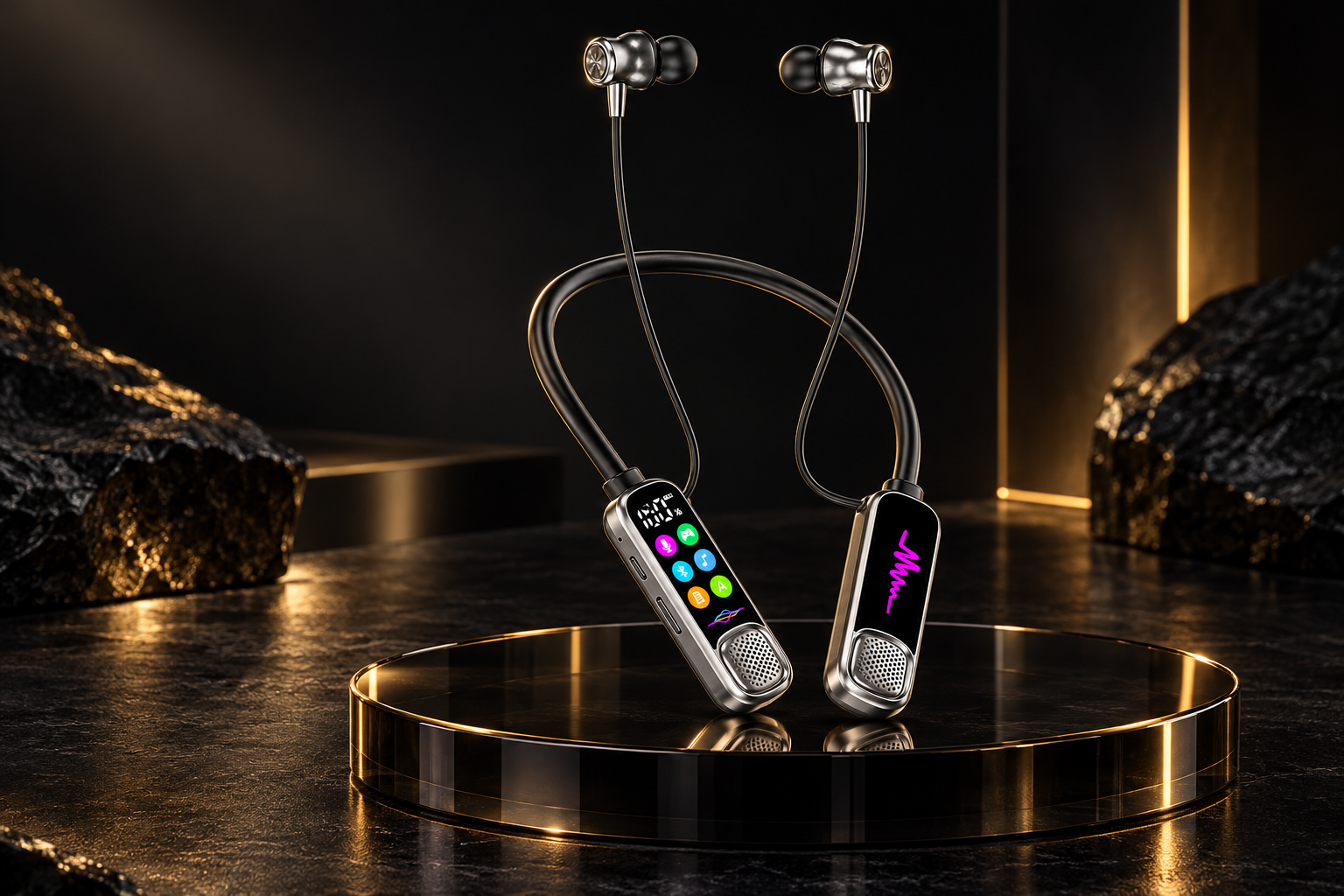 Black loliow neckband headphones displayed on a dark acrylic pedestal with warm gold lighting